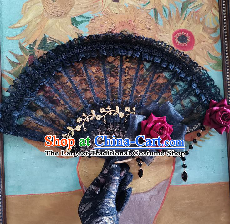 Classical Europe Court Retro Black Lace Fan Handmade Dance Folding Fans Gothic Red Rose Accordion