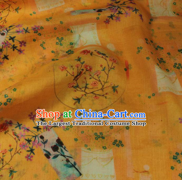 Asian Traditional Yellow Ramine Qipao Dress Cloth Linen Drapery Chinese Printing Flowers Vase Pattern Flax Fabric