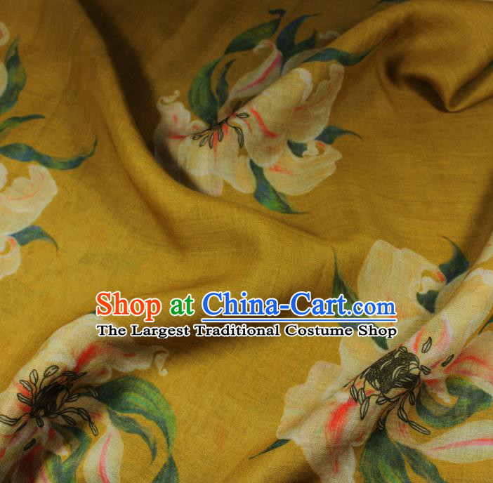 Chinese Printing Lily Flowers Pattern Qipao Dress Flax Cloth Asian Traditional Linen Drapery Yellow Ramine Fabric