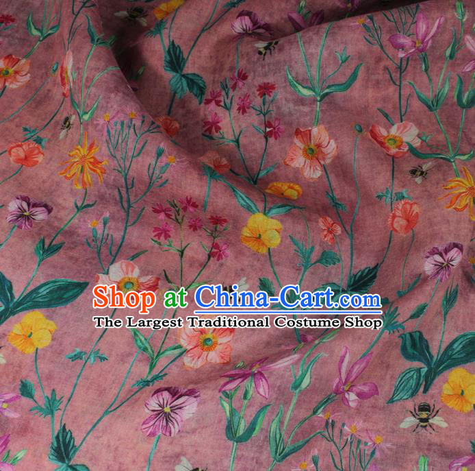 Asian Chinese Traditional Linen Drapery Qipao Dress Flax Cloth Printing Flowers Pattern Magenta Ramine Fabric