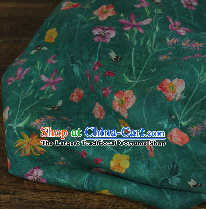 Chinese Traditional Green Linen Drapery Asian Qipao Dress Flax Cloth Printing Flowers Pattern Ramine Fabric