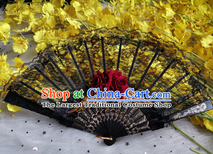 Classical Retro Black Lace Fan Handmade Dance Folding Fans Europe Court Red Rose Accordion