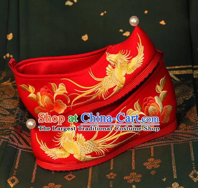 China Wedding Hanfu Shoes Embroidered Phoenix Peony Shoes Princess Shoes Bride Shoes Handmade Red Cloth Shoes