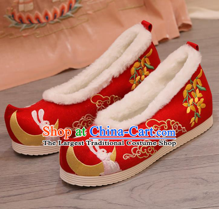 China Hanfu Shoes Embroidered Moon Fragrans Rabbit Shoes Princess Shoes Women Winter Shoes Handmade Red Shoes