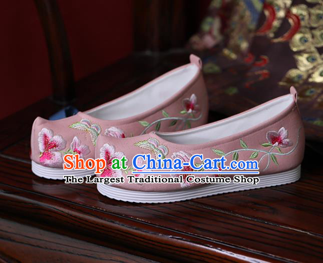 China Handmade Bow Shoes Princess Shoes Hanfu Shoes Embroidered Butterfly Flowers Shoes Pink Cloth Shoes