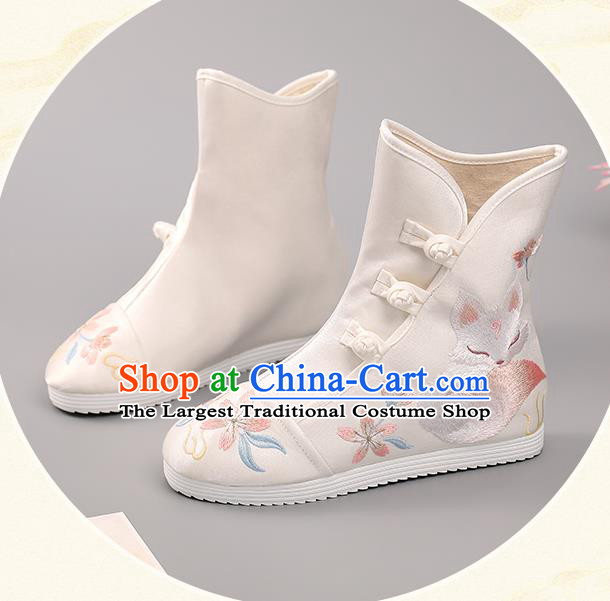 Chinese National Embroidered Fox Boots Ancient Hanfu Shoes Handmade White Cloth Boots