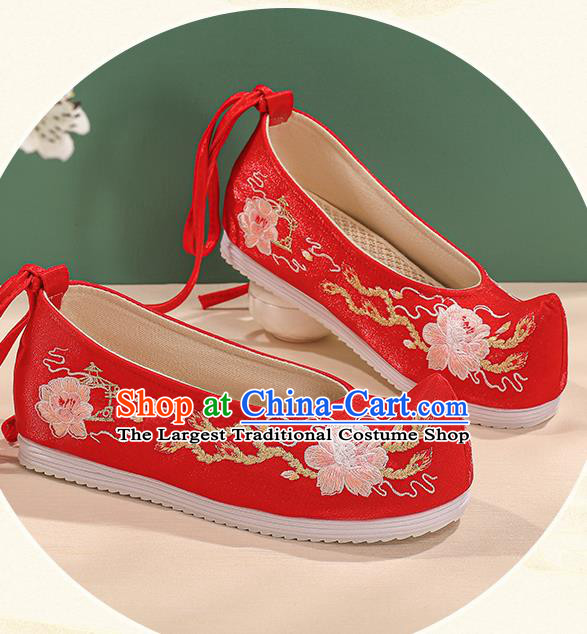 China Bride Shoes Hanfu Shoes Ming Dynasty Princess Shoes Embroidered Peony Shoes Handmade Red Cloth Shoes Female Shoes