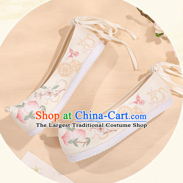 China White Bow Shoes Bride Shoes Hanfu Shoes Princess Shoes Embroidered Peach Shoes