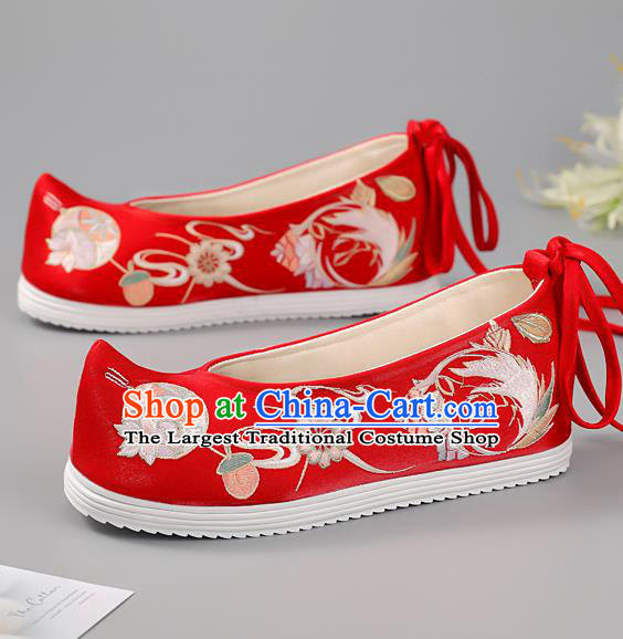 China Princess Shoes Ming Dynasty Shoes Traditional Hanfu Shoes Handmade Cloth Shoes Red Embroidered Phoenix Shoes