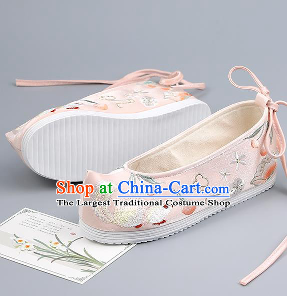 China Ancient Princess Pink Bow Shoes Traditional Hanfu Shoes Embroidered Squirrel Shoes Handmade Cloth Shoes