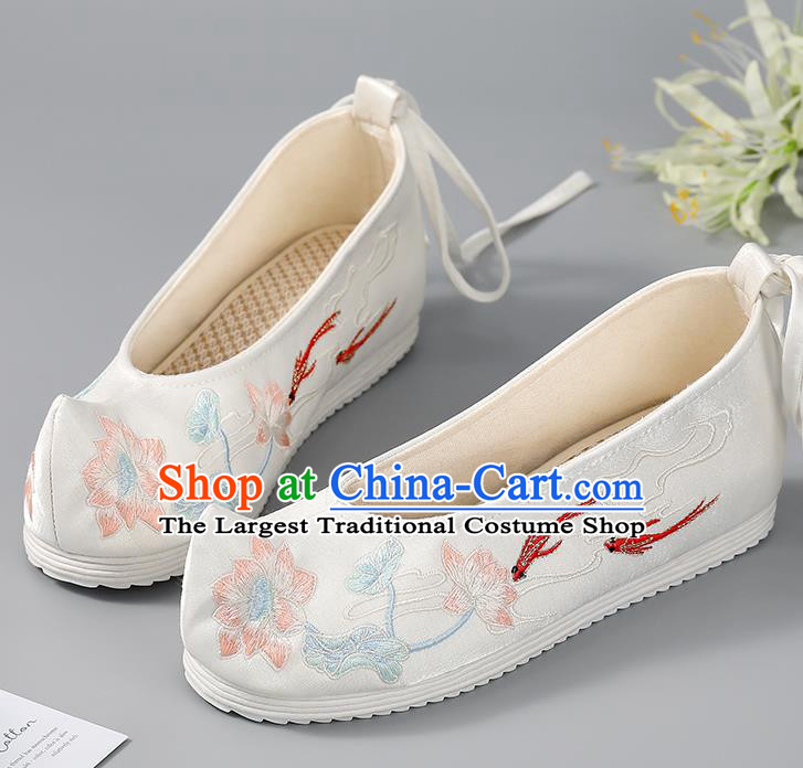 China Embroidered Lotus Fishes Shoes Hanfu Shoes Ancient Princess Shoes Traditional Women Shoes Handmade Cloth Shoes