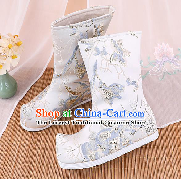 Chinese Ancient Ming Dynasty Hanfu Shoes Handmade Boots National White Brocade Boots