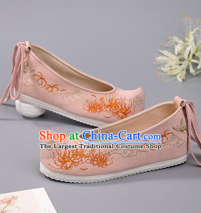 China Ancient Princess Shoes Embroidered Manjusaka Shoes Handmade Cloth Shoes Hanfu Pink Shoes