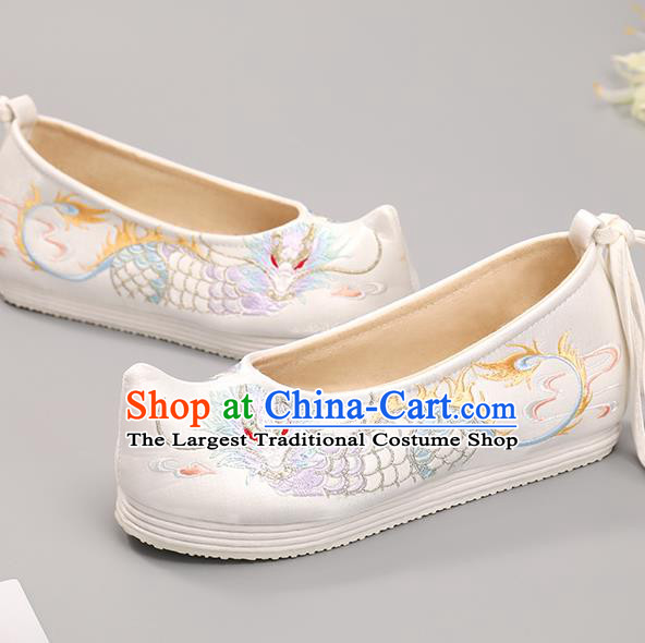 Handmade China Classical Dragon Pattern Embroidered Shoes Hanfu Shoes National Shoes Traditional White Cloth Shoes