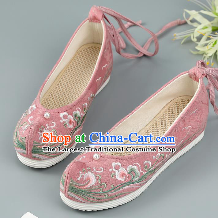 Top China Pearl Princess Shoes Embroidered Shoes Handmade National Shoes Traditional Hanfu Pink Cloth Shoes