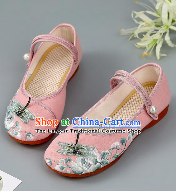 China Pink Cloth Shoes Embroidered Dragonfly Shoes Traditional Hanfu Shoes Handmade Shoes