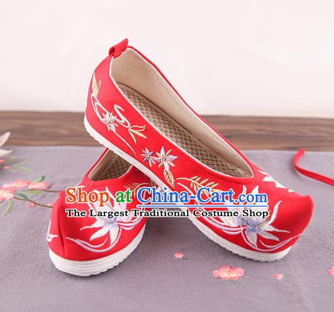 Traditional China Handmade Shoes National Shoes Red Cloth Shoes Embroidered Lotus Shoes Bride Shoes Wedding Shoes