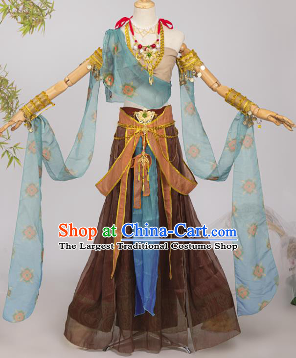 Chinese Cosplay Dunhuang Apsaras Brown Top and Skirt Ancient Fairy Hanfu Dress for Women