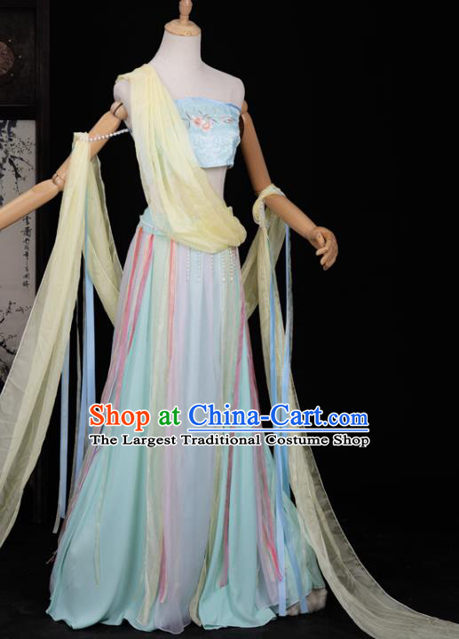 Chinese Cosplay Classical Dance Costumes Ancient Dunhuang Flying Apsaras Blue Hanfu Dress Top and Skirt for Women