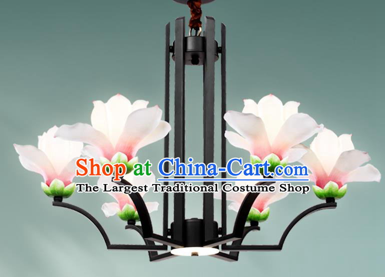 Chinese Traditional Ceiling Lantern Handmade Classical Six Pieces Light Lanterns Iron Art Living Room Mangnolia Lamp