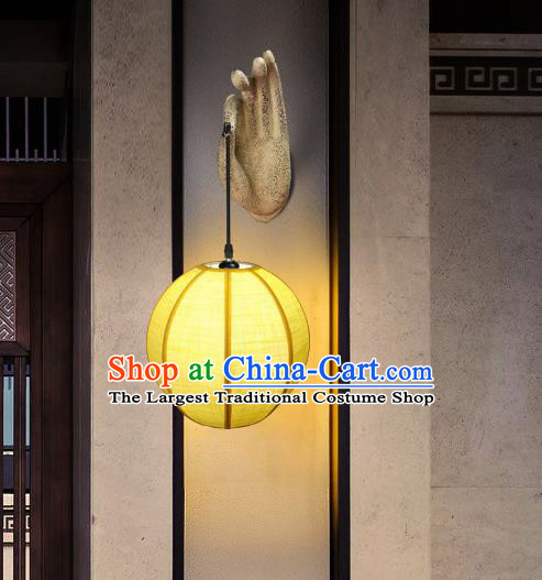 China Handmade Yellow Cloth Lanterns Traditional Home Decorations Stone Carving Buddha Hand Wall Lamp Corridor Lantern