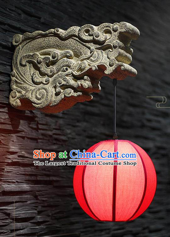 China Stone Carving Dragon Head Wall Lamp Traditional Home Decorations Corridor Lantern Handmade Red Cloth Lanterns