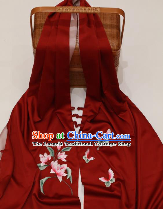 China Embroidery Magnolia Craft Cappa Wine Red Silk Scarf Traditional Embroidered Tippet