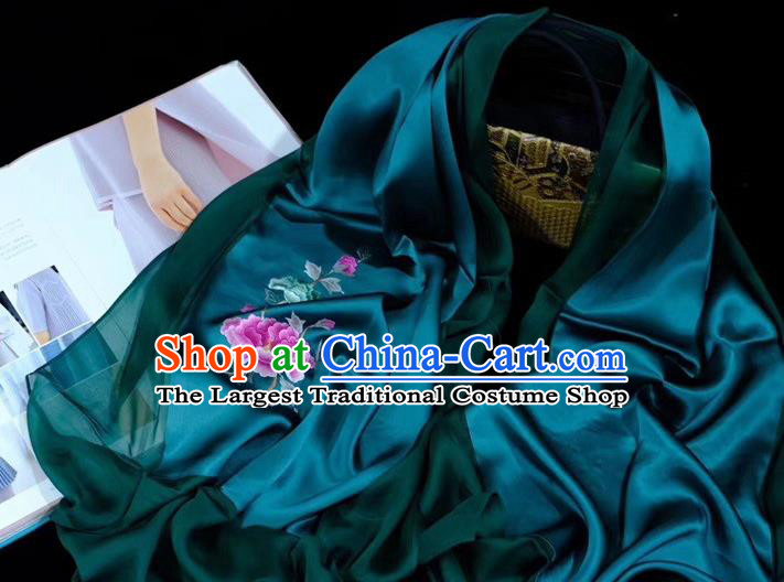 Traditional China Mother Cappa Deep Green Silk Scarf Embroidered Tippet Suzhou Embroidery Peony Craft