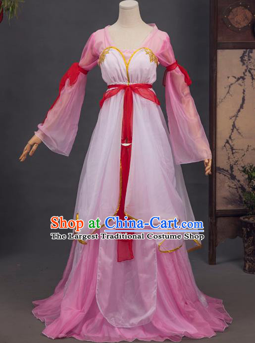 Chinese Tang Dynasty Village Girl Costumes Ancient Swordswoman Pink Hanfu Dress Country Lady Apparels