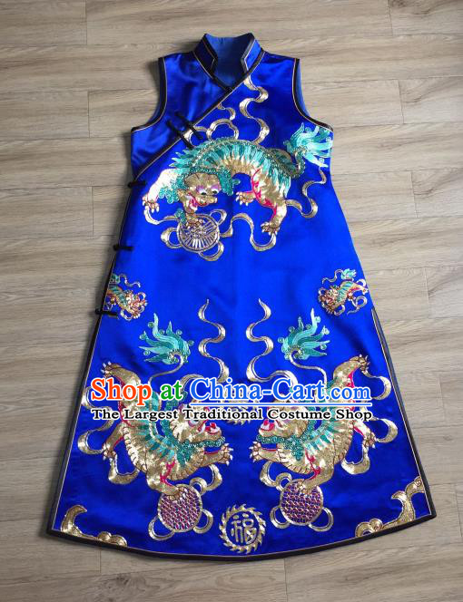 China Embroidered Kylin Royalblue Silk Qipao Dress Vest Cheongsam Women National Clothing