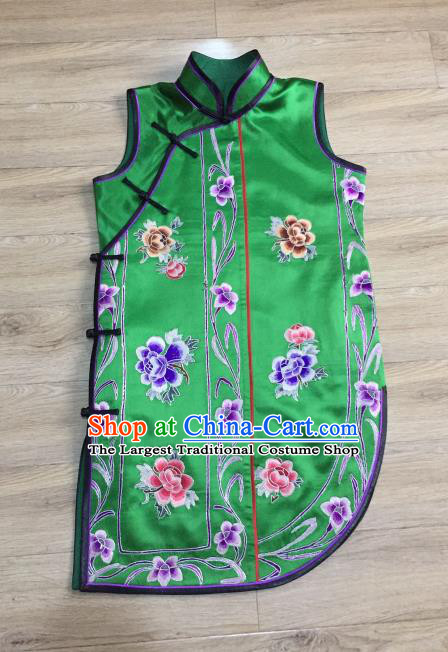 China Embroidered Peony Green Silk Qipao Vest Women National Clothing Cheongsam Waistcoat