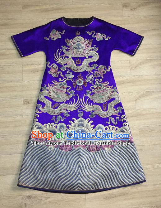 China Embroidered Dragons Royalblue Silk Qipao Dress Women National Clothing Tang Suit Cheongsam