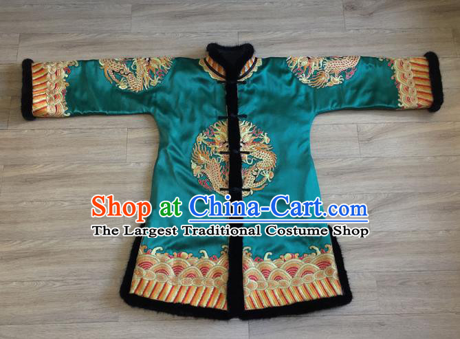 Chinese Embroidered Lion Blue Brocade Jacket Apparels Upper Outer Garment National Tang Suit Winter Costume