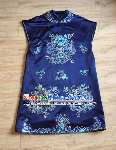 China Embroidered Dragon Navy Silk Vest Women National Clothing Cheongsam Waistcoat