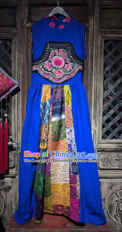 China Embroidered Blue Flax Qipao Costume Tang Suit Sleeveless Dress Yunnan Women Clothing