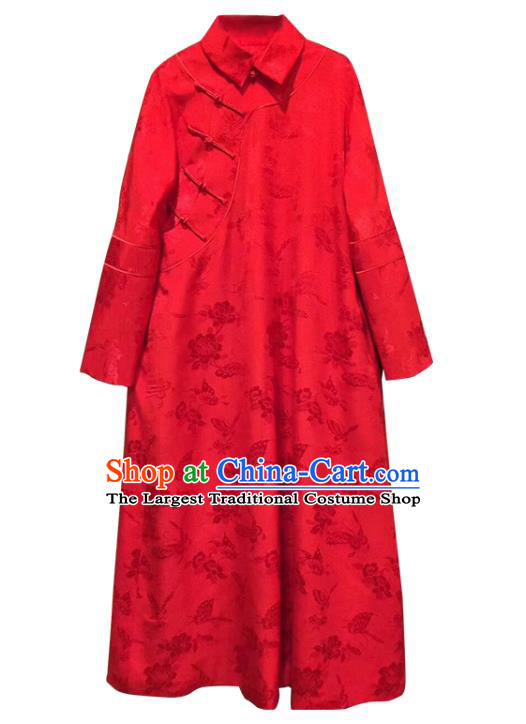 China Classical Rose Pattern Cheongsam Red Silk Qipao Dress Costume Tang Suit Women Clothing