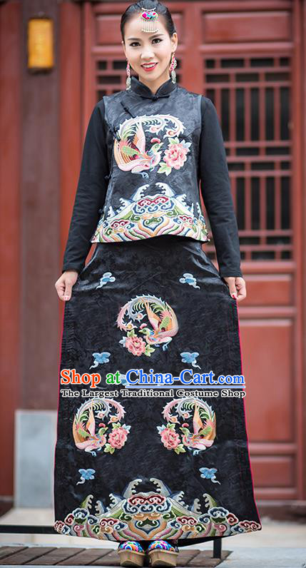 China Women Black Silk Waistcoat and Skirt National Clothing Tang Suit Costumes Embroidery Phoenix Outfits