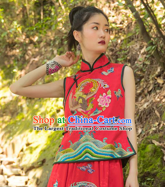 China Embroidery Phoenix Vest National Clothing Tang Suit Costumes Women Red Brocade Waistcoat