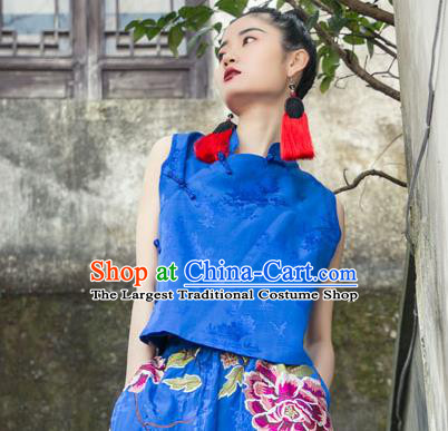 China Tang Suit Blouse National Clothing Blue Brocade Shirt Costumes for Women