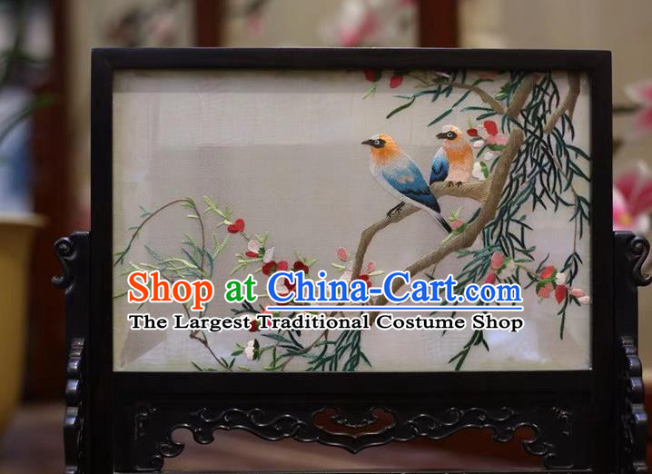 China Hand Embroidery Plum Birds Craft Embroidered Table Screen Wood Byobu Screen