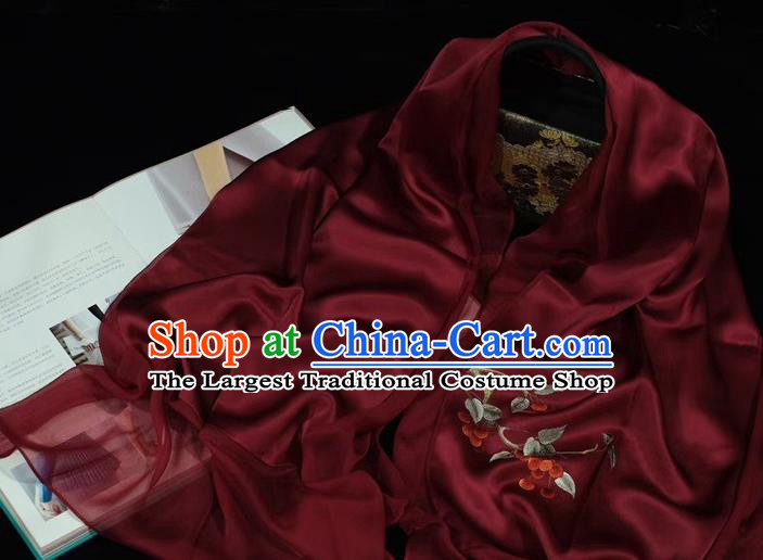 China Wine Red Silk Tippet Suzhou Embroidery Craft Traditional Silk Scarf Embroidered Mother Cappa