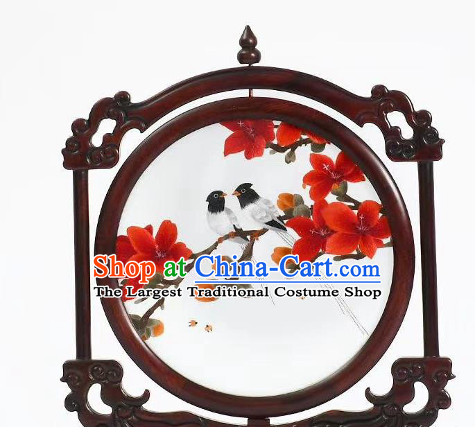 China Red Flowers Desk Screen Rosewood Artware Handmade Suzhou Embroidered Painting Craft Embroidery Table Decoration