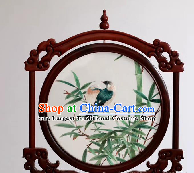 China Embroidery Table Decoration Handmade Suzhou Embroidered Painting Craft Bamboo Birds Desk Screen