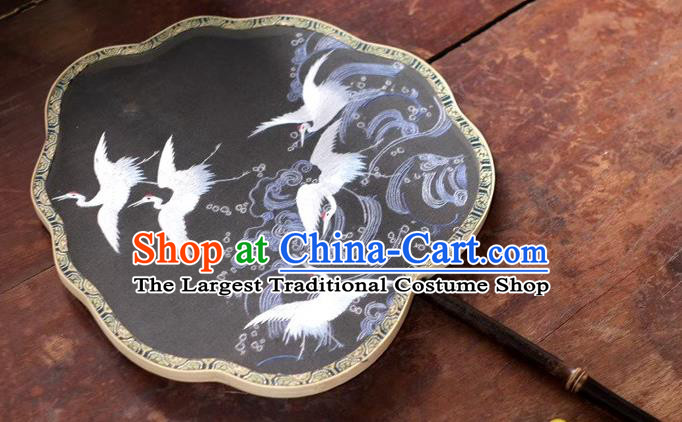 China Suzhou Embroidery Cranes Double Side Fan Palace Fan Classical Dance Silk Fans Ancient Black Bamboo Fan