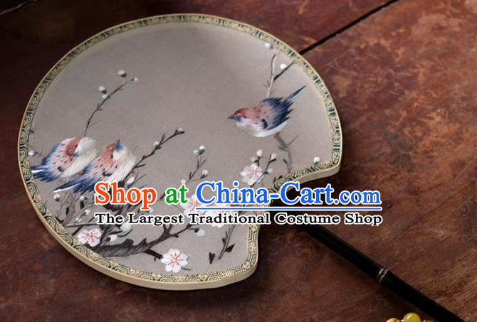 China Suzhou Embroidery Plum Birds Double Side Fan Ancient Black Bamboo Fan Palace Fan Classical Dance Silk Fans