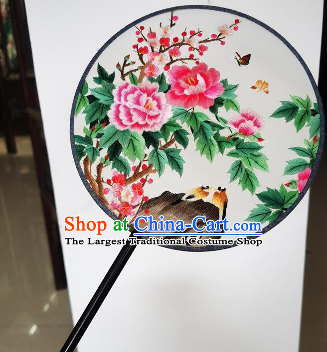 China Embroidery Peony Plum Silk Fan Ancient Princess Palace Fan Suzhou Double Side Fans