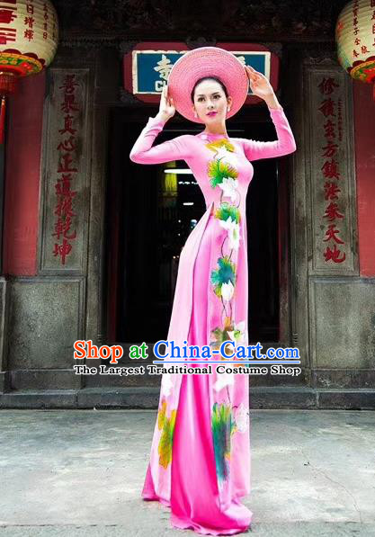 Asian Vietnam Traditional Costumes Vietnamese Classical Aodai Qipao Dress Printing Lotus Cheongsam and Pants for Women