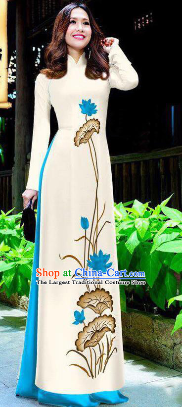 Asian Vietnam Ao Dai Qipao Traditional Vietnamese Cheongsam Costumes Classical Hand Painting Lotus Dress and Blue Pants for Women