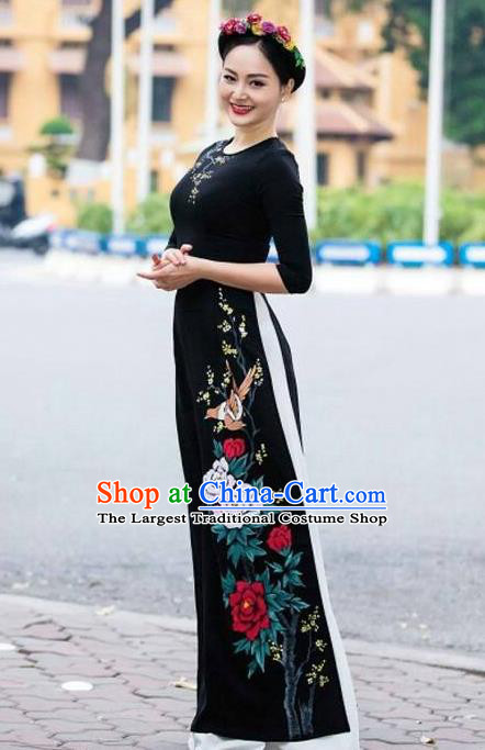 Asian Vietnam Printing Peony Birds Ao Dai Qipao Traditional Vietnamese Cheongsam Costumes Classical Black Dress and Pants for Women