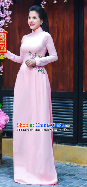 Asian Vietnam Printing Roses Ao Dai Qipao Traditional Vietnamese Cheongsam Costumes Classical Pink Dress and Pants for Women